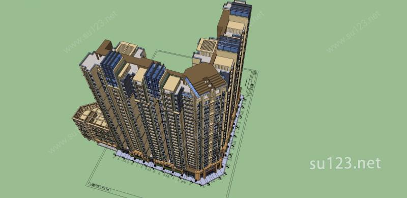 新古典风格折角商业住宅楼SU模型下载草图大师sketchup模型
