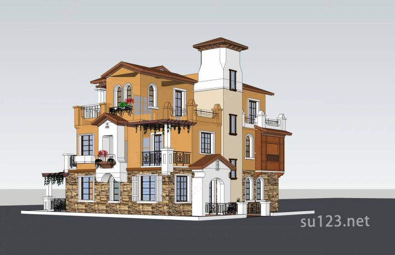 西班牙风格独栋别墅SU模型