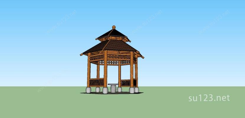 新中式景观亭子（钢木结构）SU模型