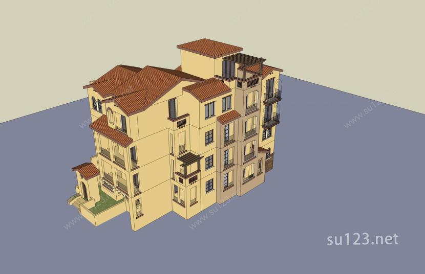 西班牙风格多层住宅楼SU模型下载草图大师sketchup模型