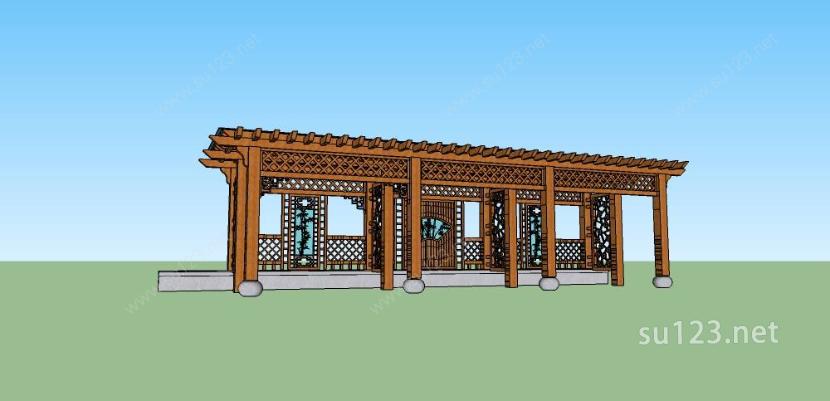 新中式廊架1（钢木结构）SU模型