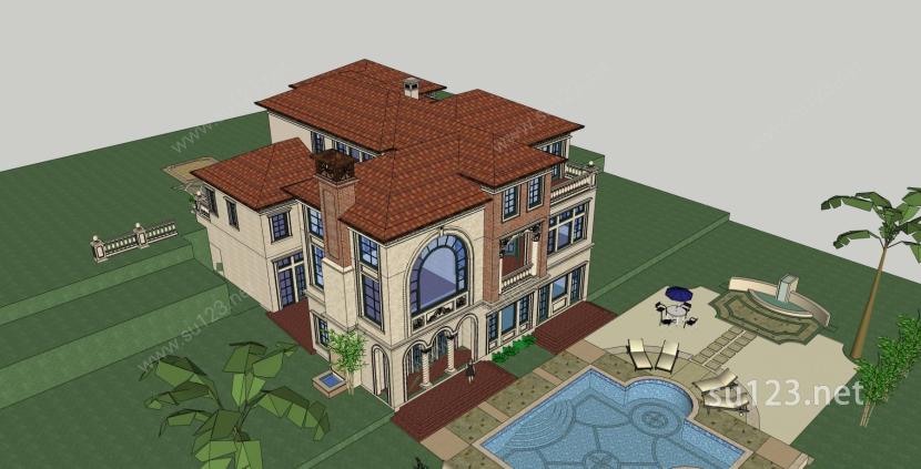 西班牙风格独栋别墅SU模型下载草图大师sketchup模型