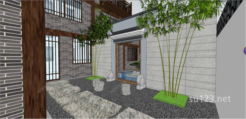 新中式庭院园林建筑SU模型下载草图大师sketchup模型