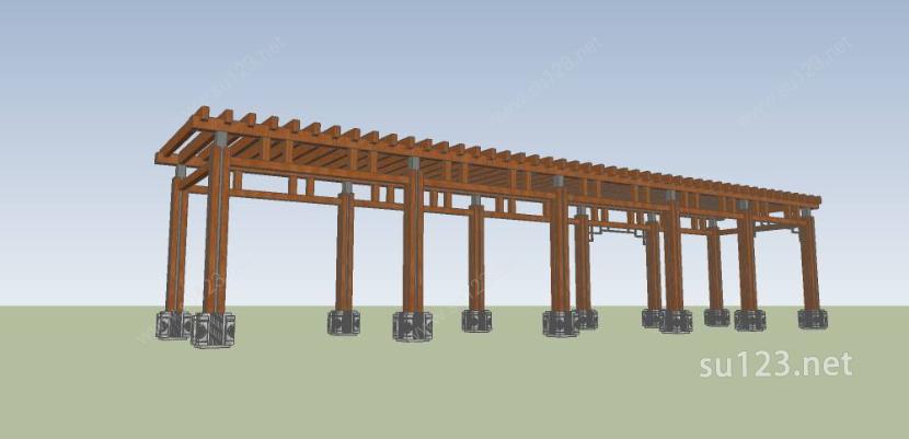 新中式廊架（木结构）SU模型