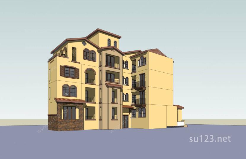 西班牙风格多层住宅楼SU模型下载草图大师sketchup模型