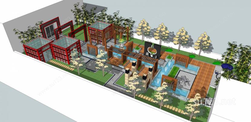 新中式会所屋顶花园商业景观SU模型下载草图大师sketchup模型