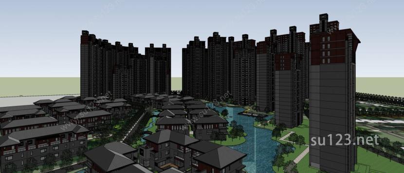高层居住区模型中式汉唐风格SU模型下载草图大师sketchup模型