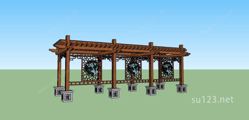 新中式廊架（钢木结构）SU模型