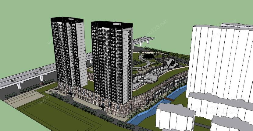 现代大型商场带高层住宅SU模型下载草图大师sketchup模型