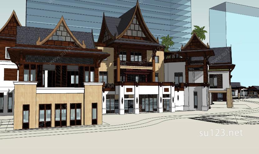 南亚风格度假酒店建筑sketchup模型SU模型下载草图大师sketchup模型