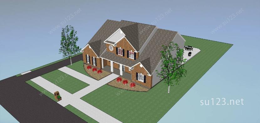 北美风格独栋别墅SU模型下载草图大师sketchup模型