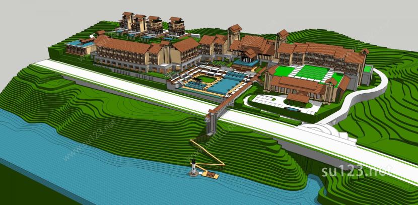 大型东南亚风格酒店东南亚建筑规划灯塔SU模型下载草图大师sketchup模型