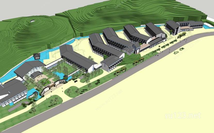 一个新中式山地酒店及住宅项目SU模型下载草图大师sketchup模型