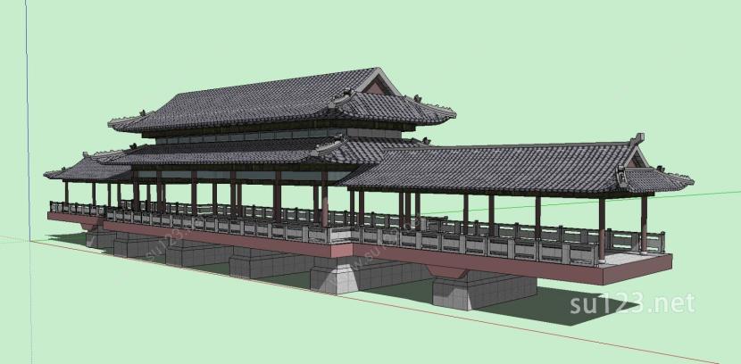 中式长廊桥梁SU模型