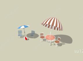太阳伞遮阳伞桌椅沙滩伞伞座椅SU模型