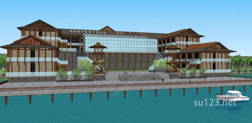 滨水特色酒店及古建拱桥精细模型SU模型