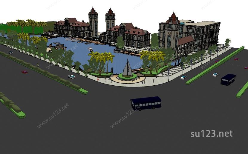 青羊湖某滨湖商业街景SU模型下载草图大师sketchup模型