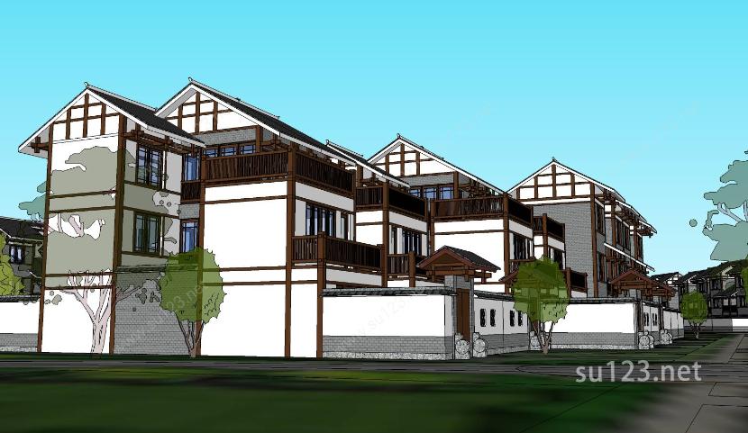 坡屋顶现代中式风格新村规划建筑sketchup模型SU模型