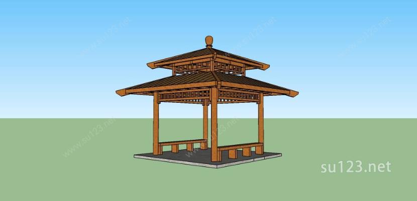 新中式景观亭：假两层（钢木结构）SU模型
