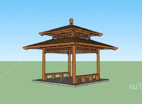 新中式景观亭：假两层（钢木结构）SU模型