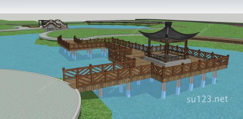 一个公园的素模四角亭古建亭拱桥SU模型