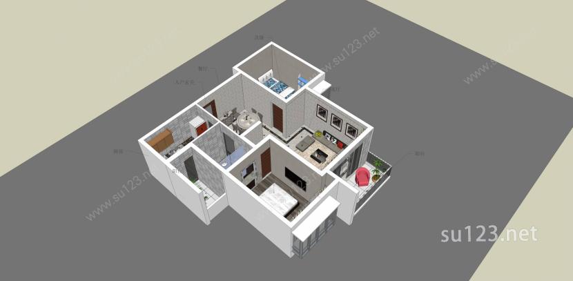 两室两厅一厨一卫室内家装+CAD图纸SU模型下载草图大师sketchup模型