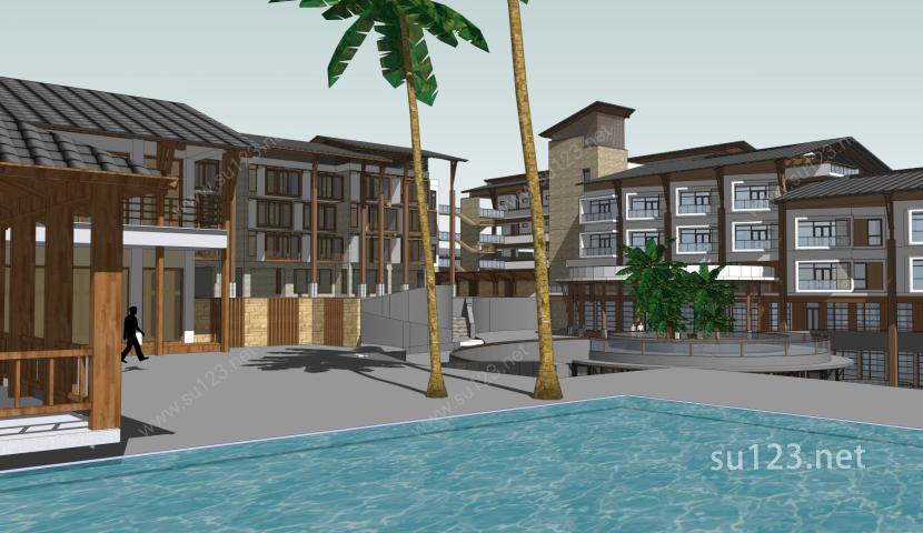 多层度假坡地中式会所度假酒店建筑sketchup模型SU模型