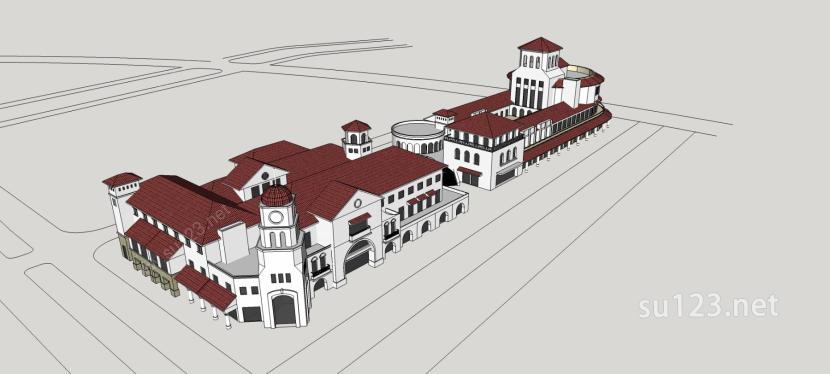 西班牙风格多层商业楼SU模型下载草图大师sketchup模型