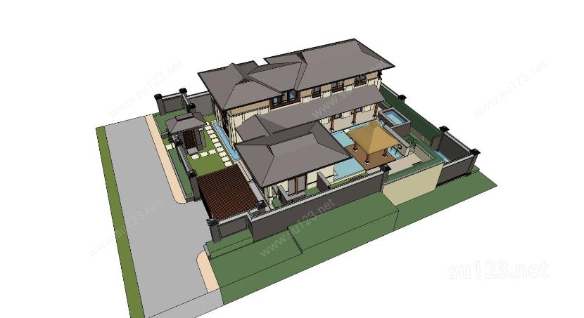 万科公望住宅别墅中式平面立面总图skp-户型ASU模型