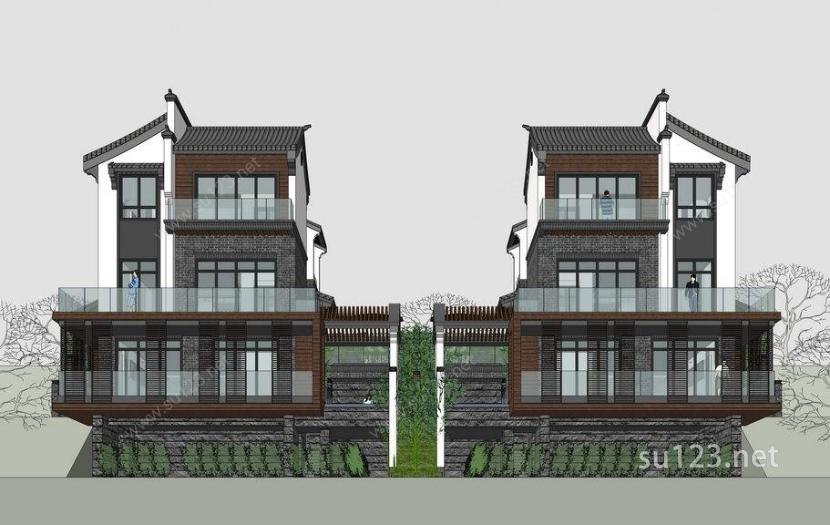 精致中式风独栋别墅户型BSU模型下载草图大师sketchup模型