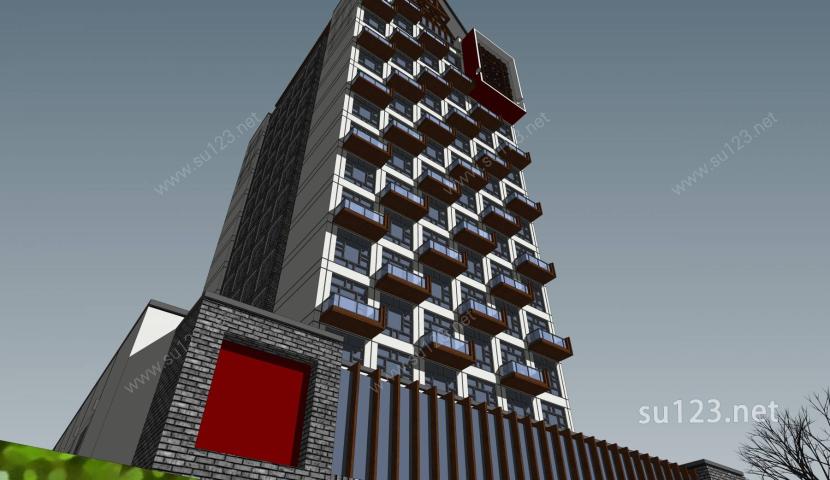 中式风格高层经济酒店建筑sketchup模型SU模型