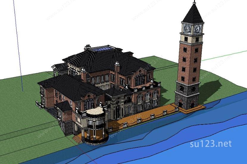 003欧式别墅沿海大独栋城堡式别墅SU模型下载草图大师sketchup模型