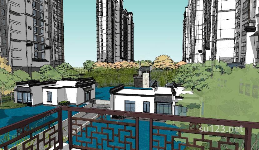 新中式高端高层住宅小区sketchup模型SU模型
