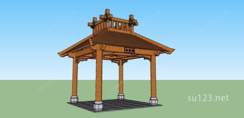 新中式景观亭木结构SU模型