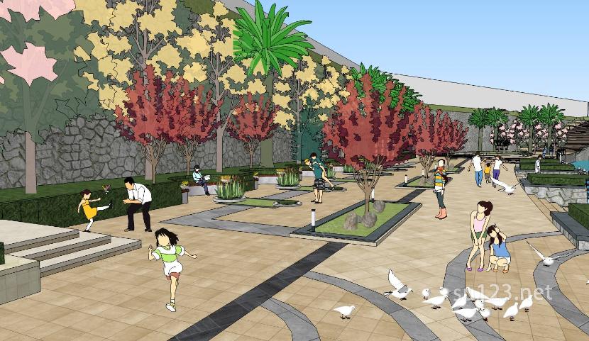 滨水园林广场景观规划SU模型下载草图大师sketchup模型