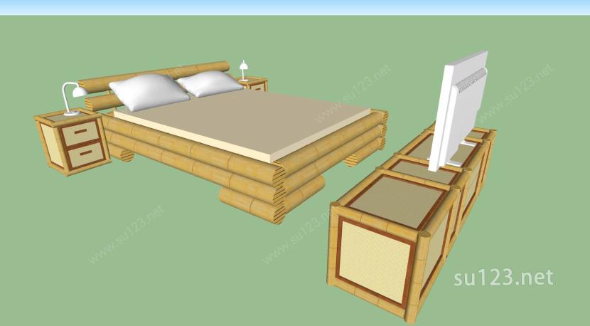 现代竹子卧室家具套SU模型