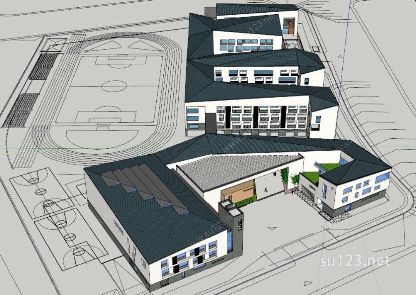新中式折板屋顶学校SU模型下载草图大师sketchup模型