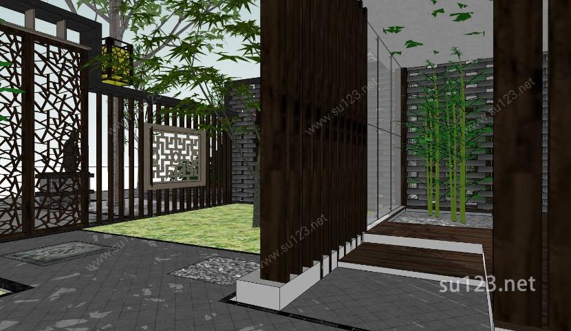 中式庭院干部住宅加建改造成别墅建筑sketchup模型SU模型