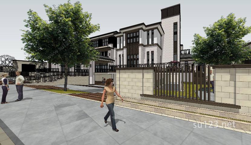 新中式的多层豪宅住宅sketchup建筑三维模型SU模型下载草图大师sketchup模型