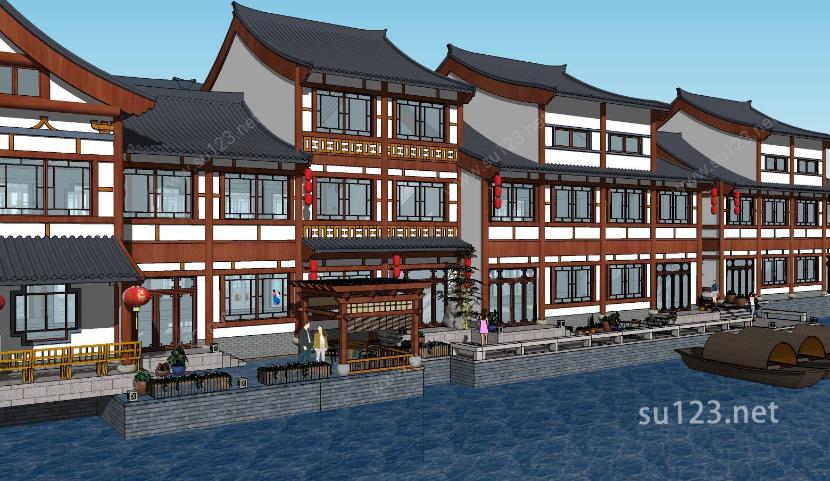 特色中式风格滨水步行街建筑sketchup模型SU模型