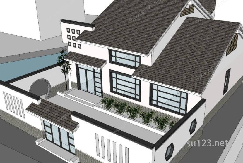 住宅_新中式主义别墅，中国新古典SU模型下载草图大师sketchup模型