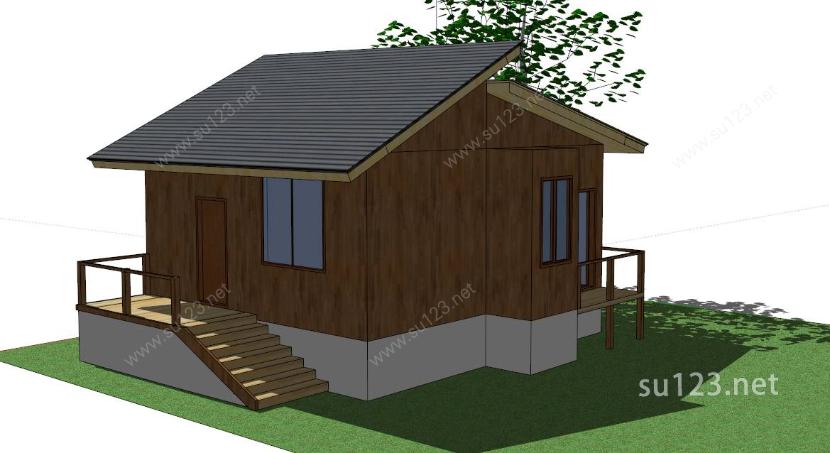 双坡屋顶单层木质小别墅SketchUp模型SU模型