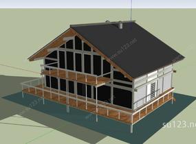 坡屋顶木质别墅SketchUp模型SU模型