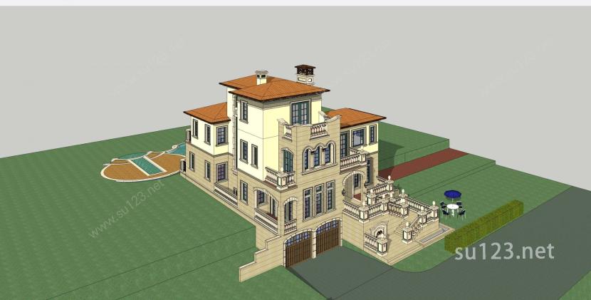 自建西班牙风格别墅SU模型下载草图大师sketchup模型
