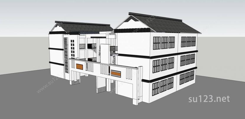 中式 教学楼 办公楼SU模型下载草图大师sketchup模型