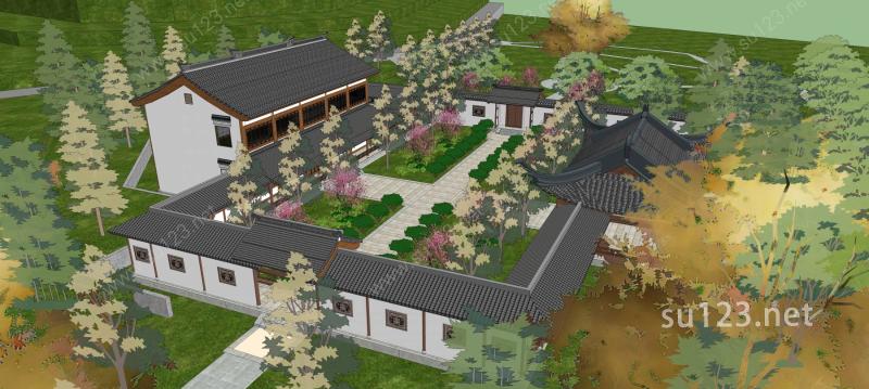 中式建筑庭院SU模型下载草图大师sketchup模型