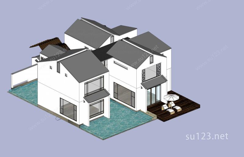 现代中式独栋别墅SU模型下载草图大师sketchup模型