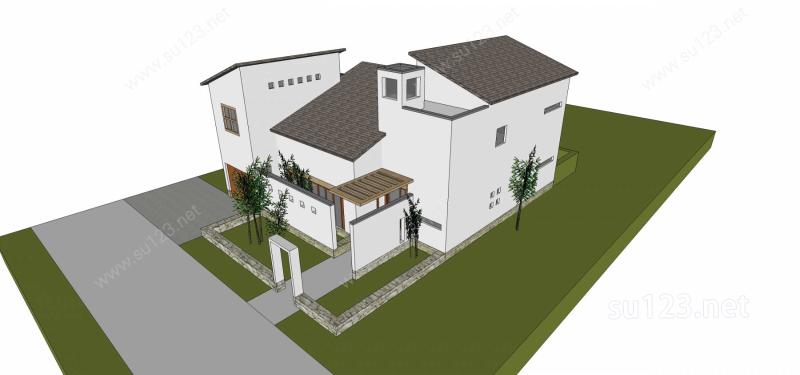 新中式独栋别墅SU模型下载草图大师sketchup模型