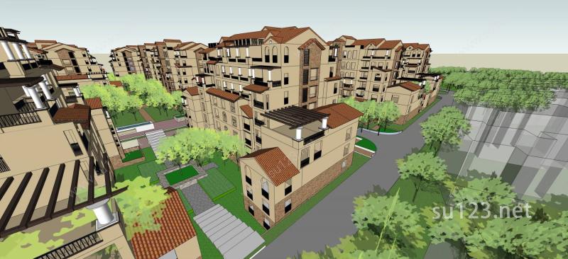 西班牙风格多层住宅小区SU模型下载草图大师sketchup模型