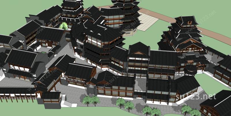 中式古城区古建筑古镇模型塔楼suuSU模型下载草图大师sketchup模型